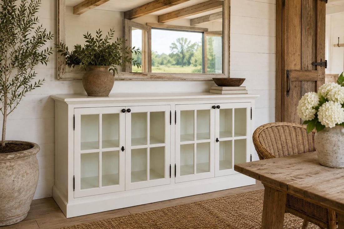 Vintage Painted White Sideboard Credenza Coastal Farmhouse Console Window Pane Doors 72" - 2