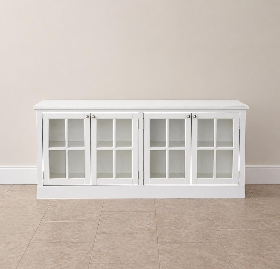 Vintage Painted White Sideboard Credenza Coastal Farmhouse Console Window Pane Doors 72" - 3