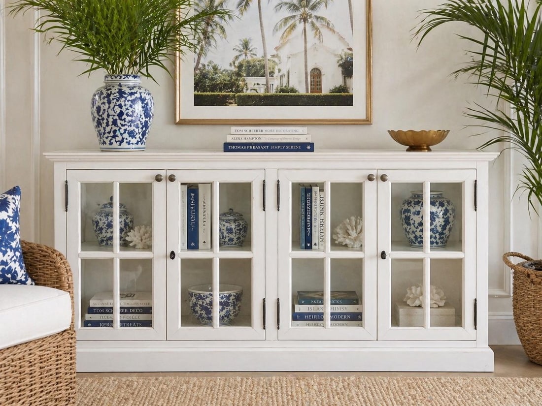 Vintage Painted White Sideboard Credenza Coastal Farmhouse Console Window Pane Doors 72" - 4
