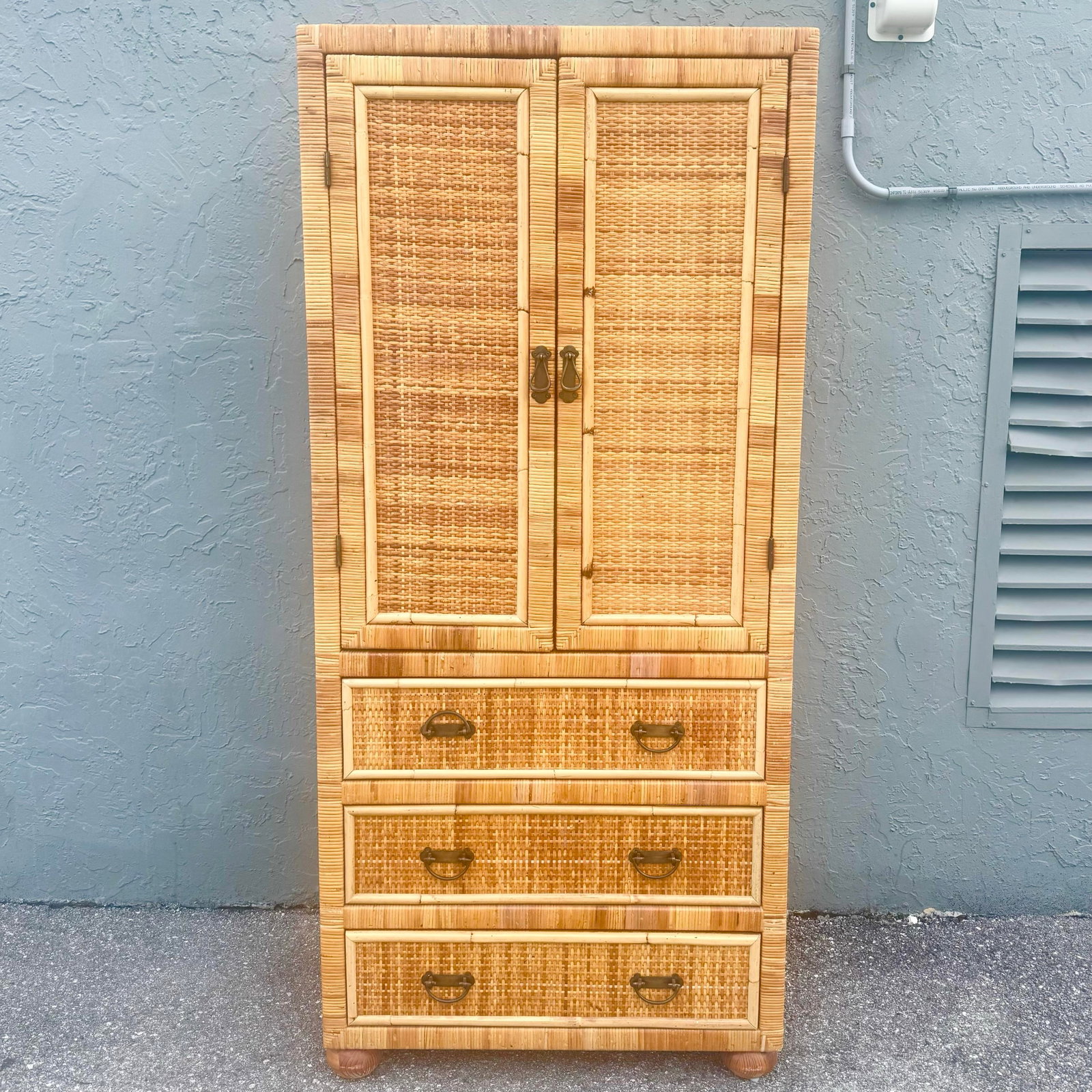 Boho Chic Wicker Wrapped Rattan Armoire - 2