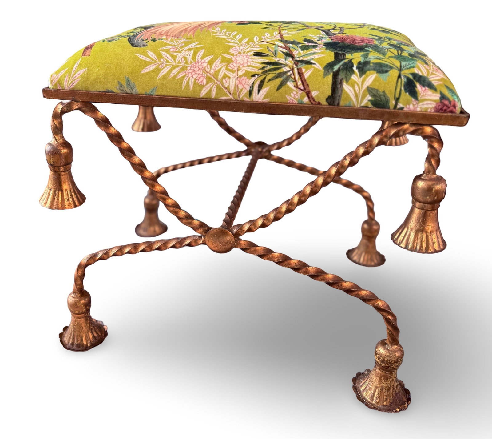 1950s Hollywood Regency Italian Gold Gilded Twisted Rope and Tassel Bench or Ottoman - 2