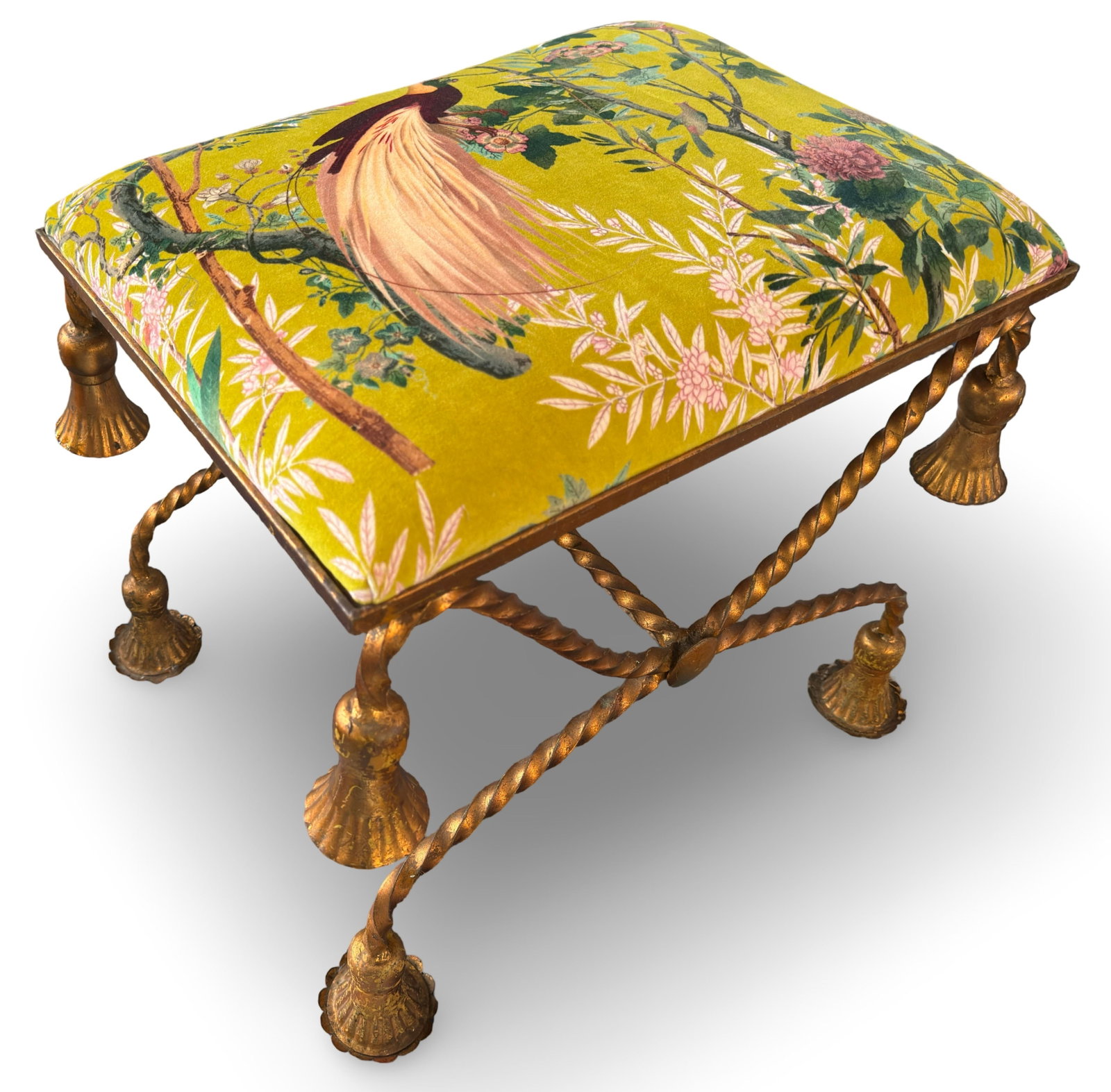 1950s Hollywood Regency Italian Gold Gilded Twisted Rope and Tassel Bench or Ottoman - 4