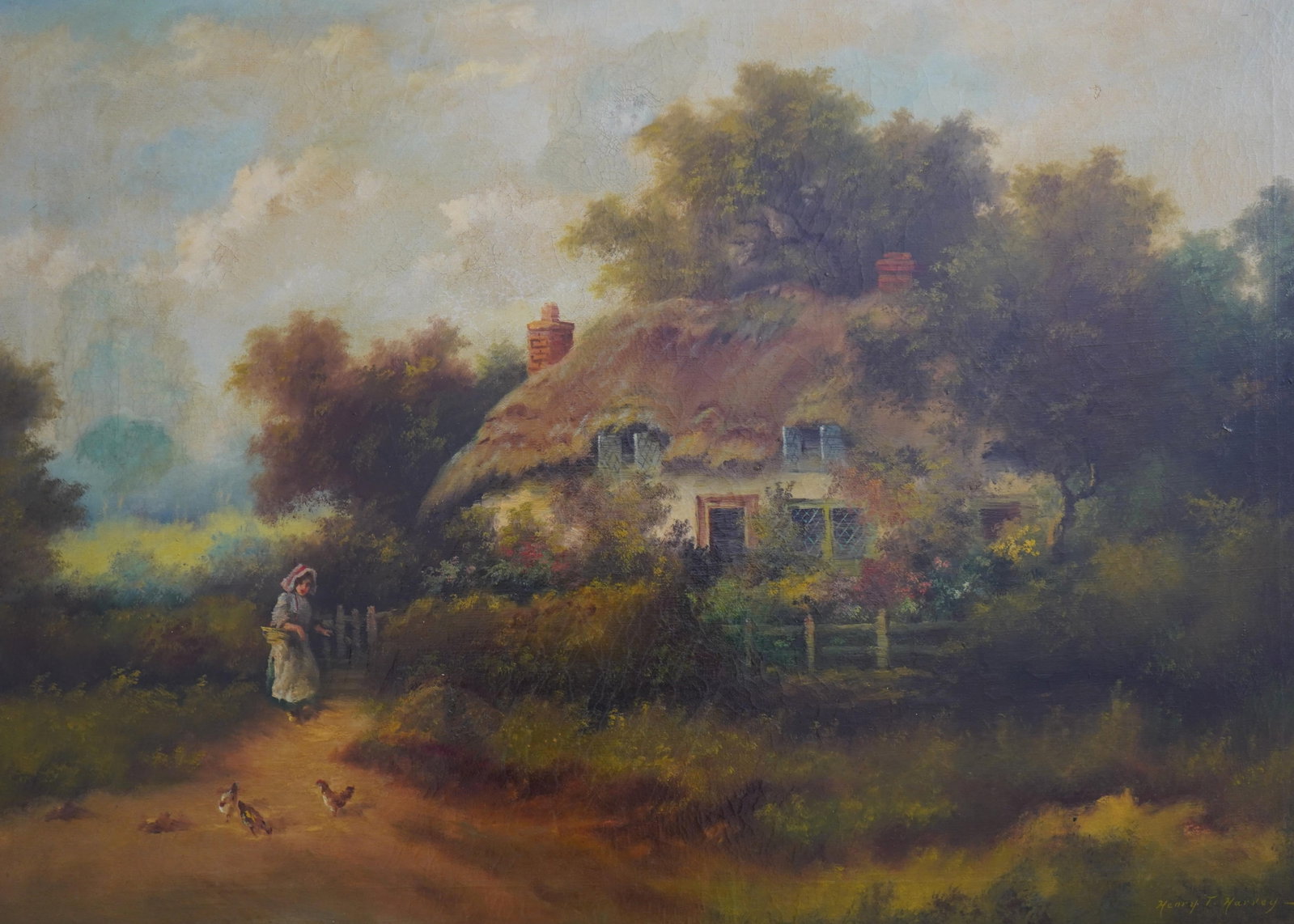 Henry T. Harvey Oil on Canvas Painting of Cottage Farmhouse - Signed - 5