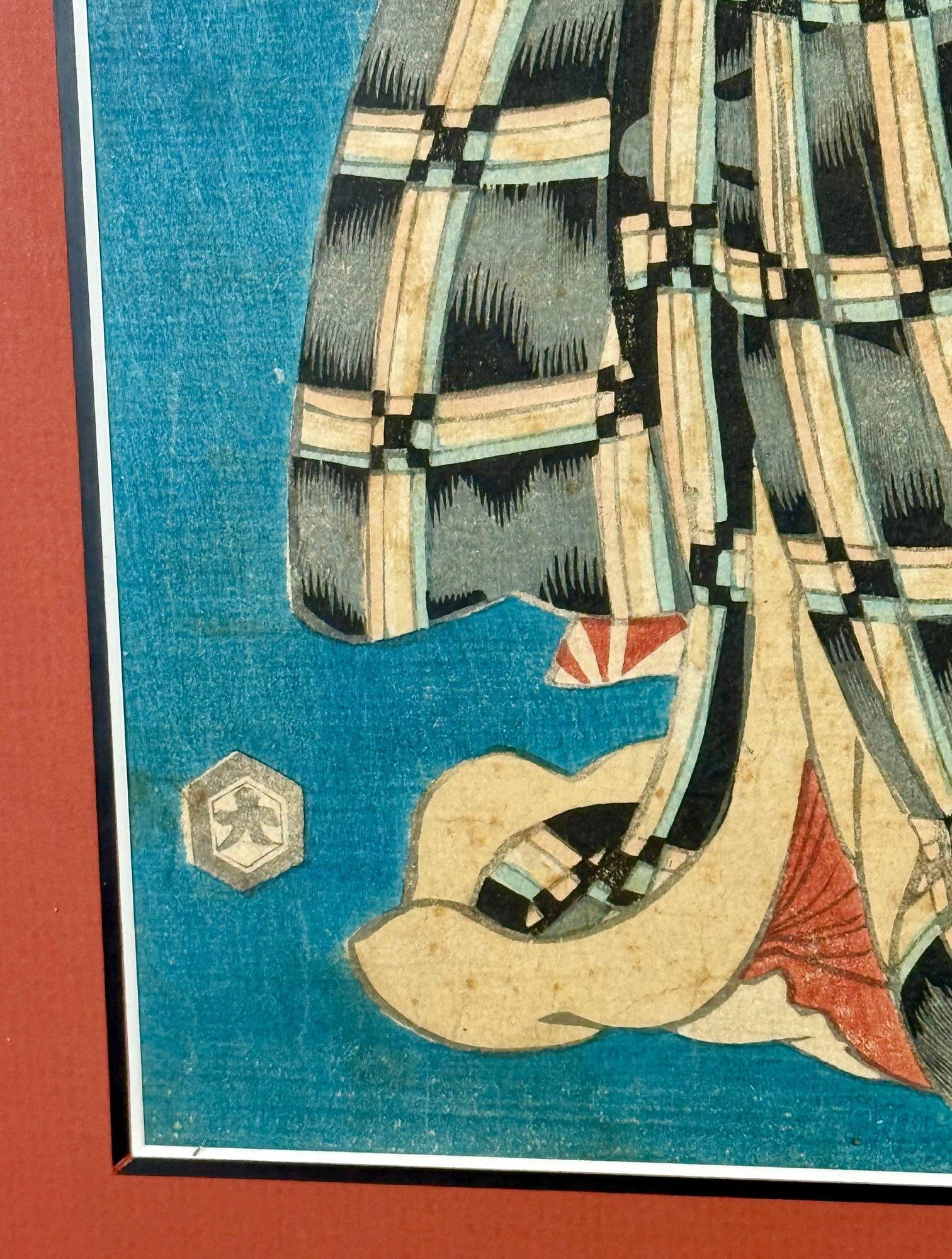 Rare Signed 19th C. Utagawa Kunisada Japanese Woodblock Print, Toyokuni III Ukiyo-E Art, Checkered K - 6
