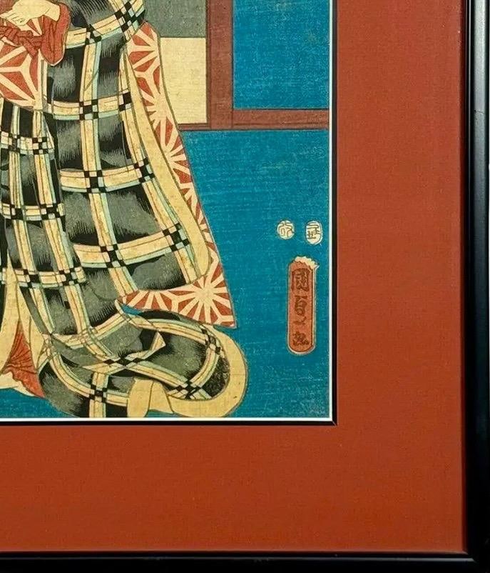 Rare Signed 19th C. Utagawa Kunisada Japanese Woodblock Print, Toyokuni III Ukiyo-E Art, Checkered K - 9