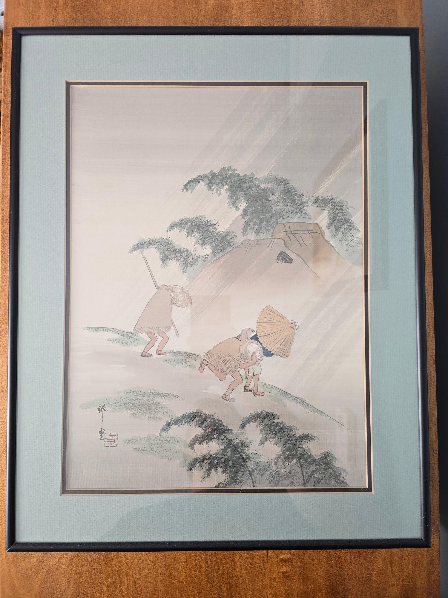 Vintage Japanese Silk Painting Signed Shoun, Travelers in Rain Nihonga Watercolor, Japandi Wall Art, - 2