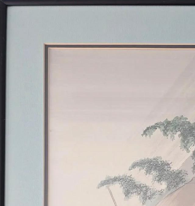 Vintage Japanese Silk Painting Signed Shoun, Travelers in Rain Nihonga Watercolor, Japandi Wall Art, - 7