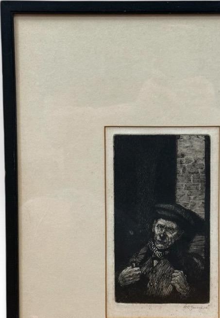 Antique 1914 Original Etching Character Study of a Man With Pipe by Gurnell Charles Jennis - 3