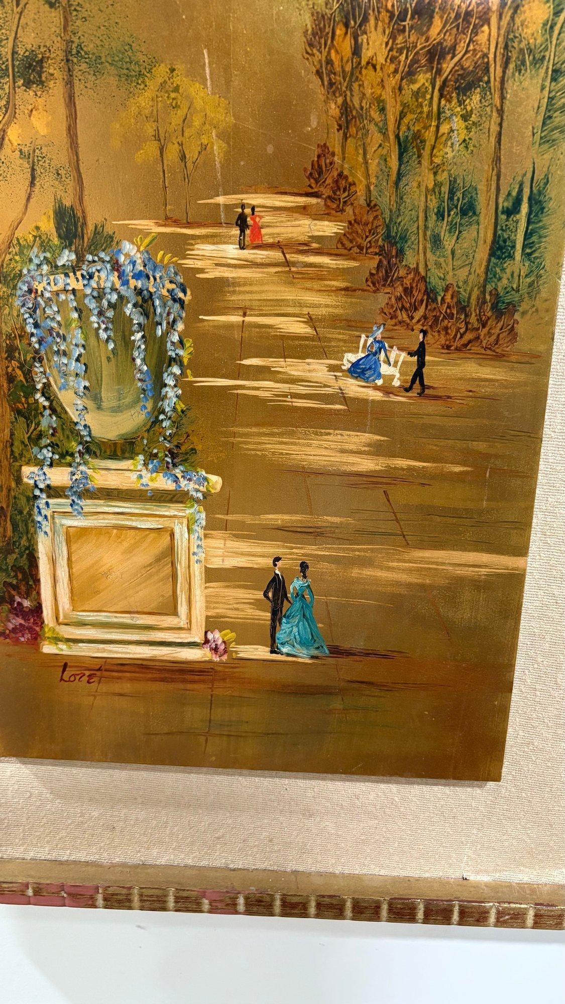 Large Mid-Century Gilded Wood Panel Garden Scene by Loze - 2