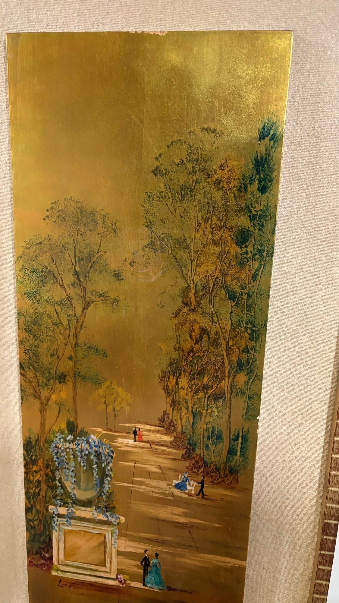 Large Mid-Century Gilded Wood Panel Garden Scene by Loze - 4