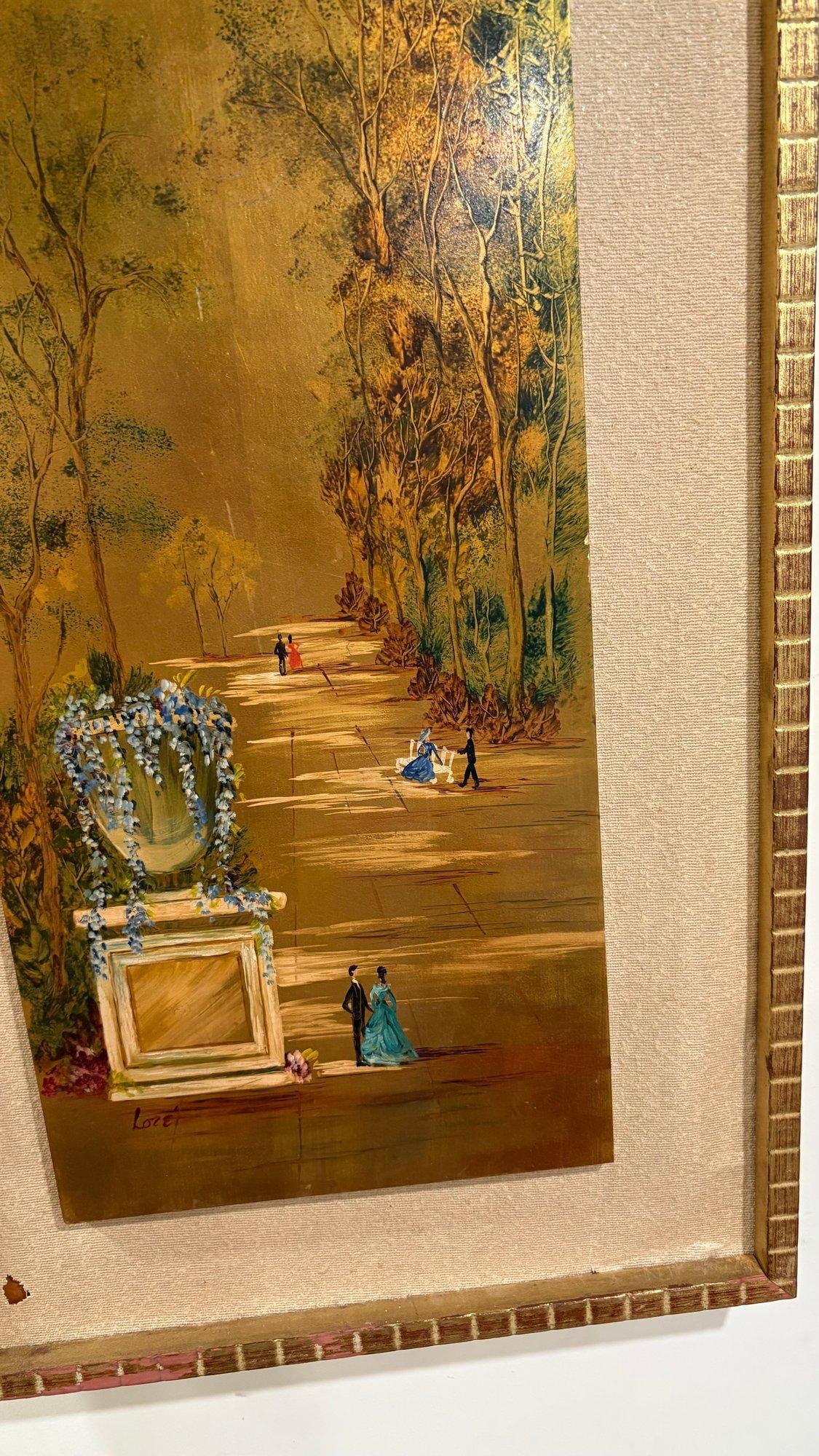 Large Mid-Century Gilded Wood Panel Garden Scene by Loze - 5