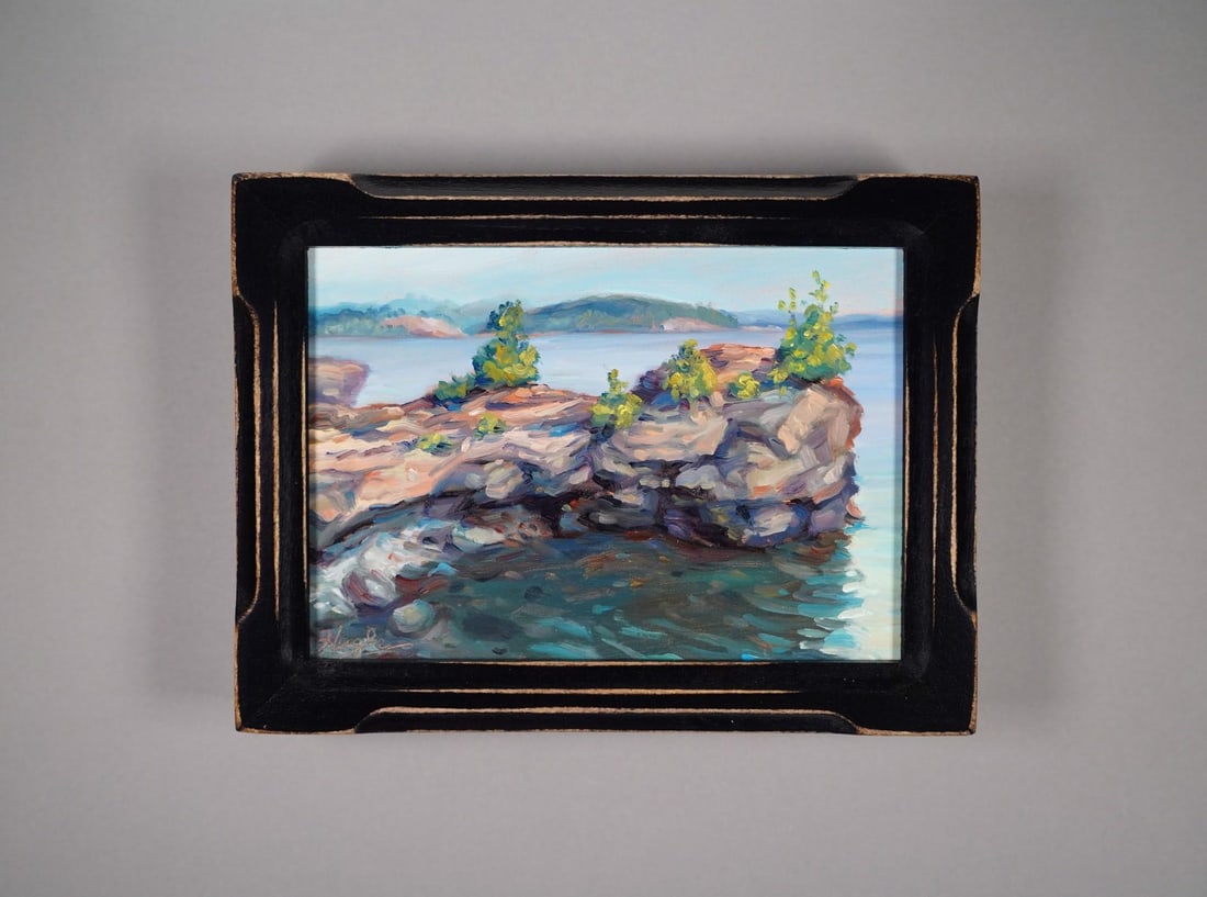 Presque Isle (Day 25) August 16 by Primary Hughes | Oil on masonite Landscape with rocky shoreline a - 2