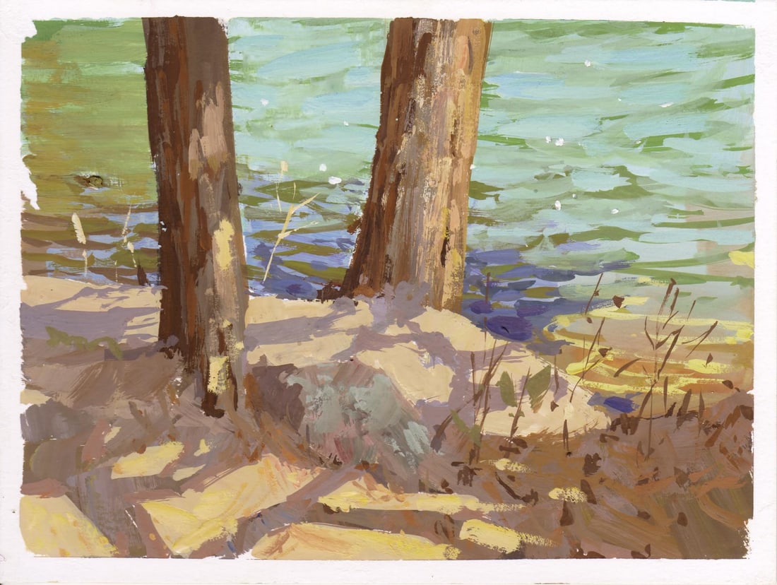 032 - Plein Air-Palmer Lake, CO, 5/5/22 by Judd Mercer | Gouache Landscape of trees by a lake - 2