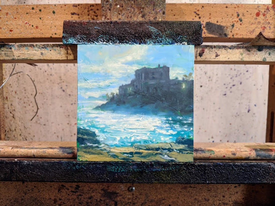 Southern France by Christopher Clark | Oil on Artefex ACM panel of a coastal landscape with a buildi - 2