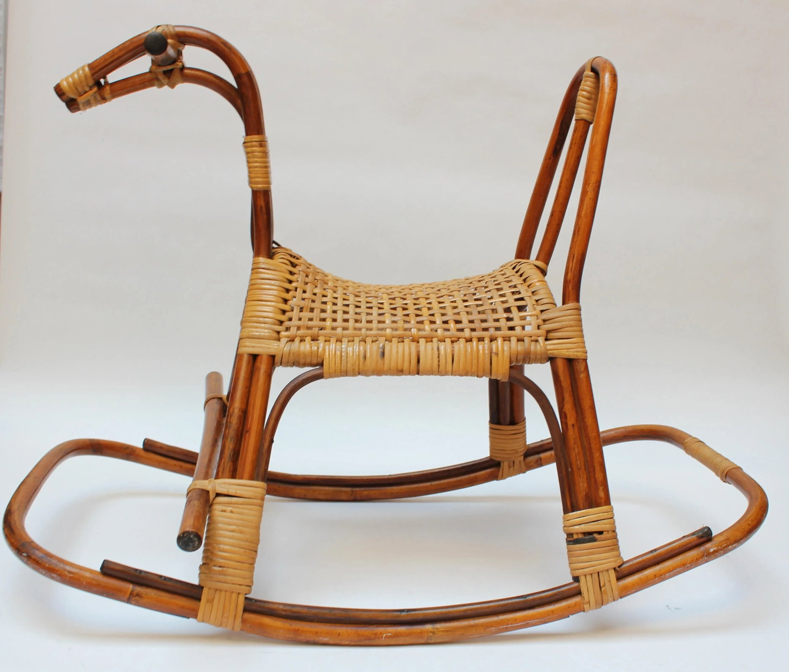 Mid-Century Italian Modern Bamboo and Rattan Rocking Horse Attributed to Albini - 3