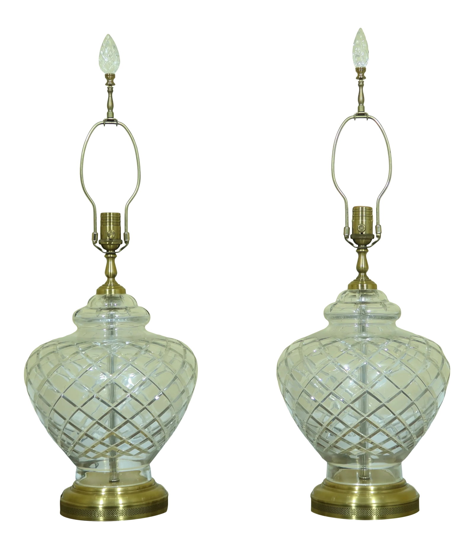 Pair Wildwood Etched Crystal & Brass Table Lamps: Approx: 30 Years Old High Quality Construction Large Impressive Lamps Nice Crystal Prism Finials Brass Bases Offered @ Fraction Original Retail Cost Condition: Excellent Original Condition Size: 11w x