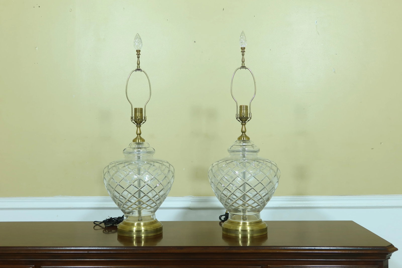 Pair Wildwood Etched Crystal & Brass Table Lamps - 7