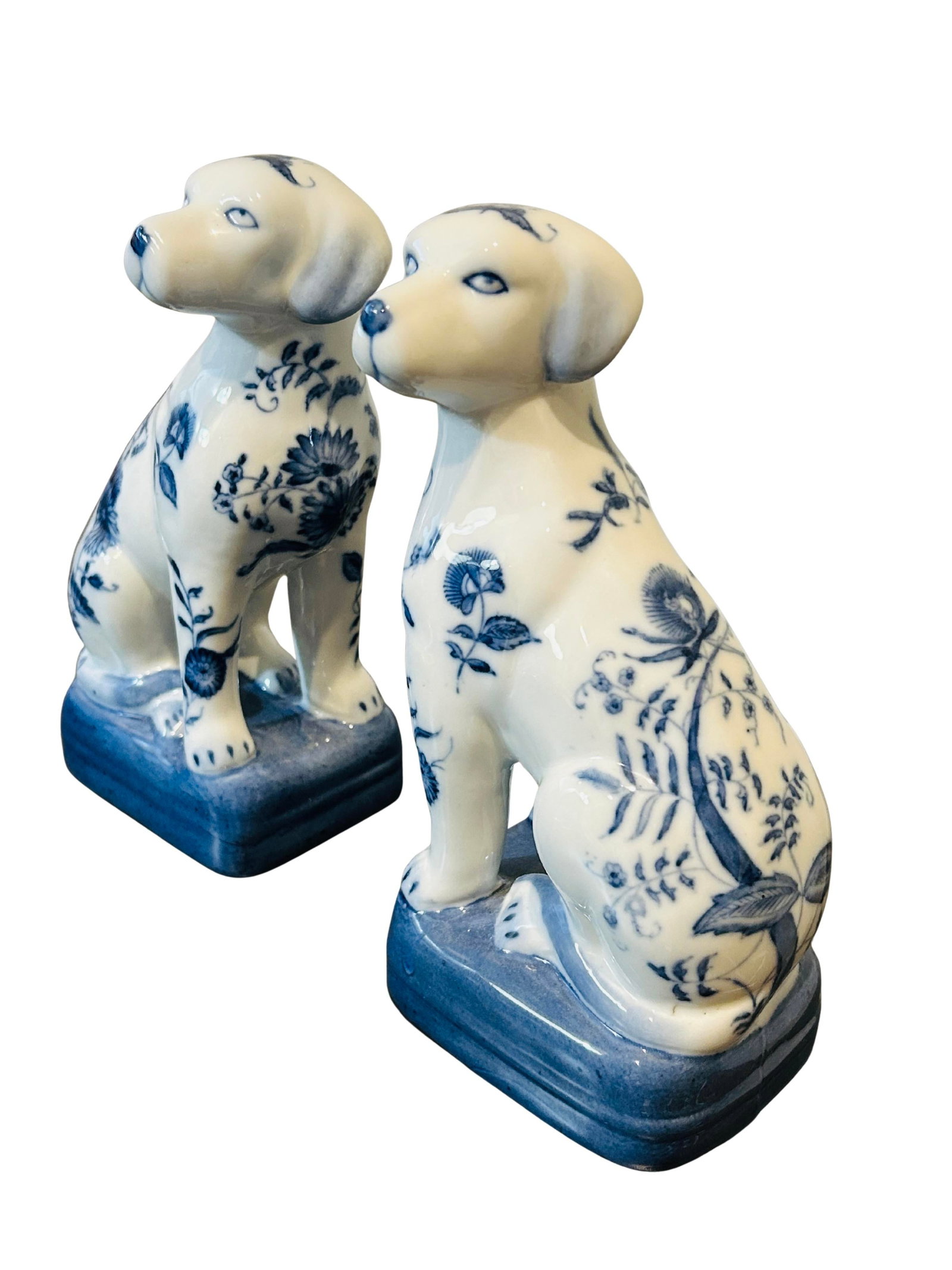 Pair Vintage Wong Lee Blue & White Porcelain Staffordshire Dog Figurines - Wl 1895 Hand-Painted Flor - 2