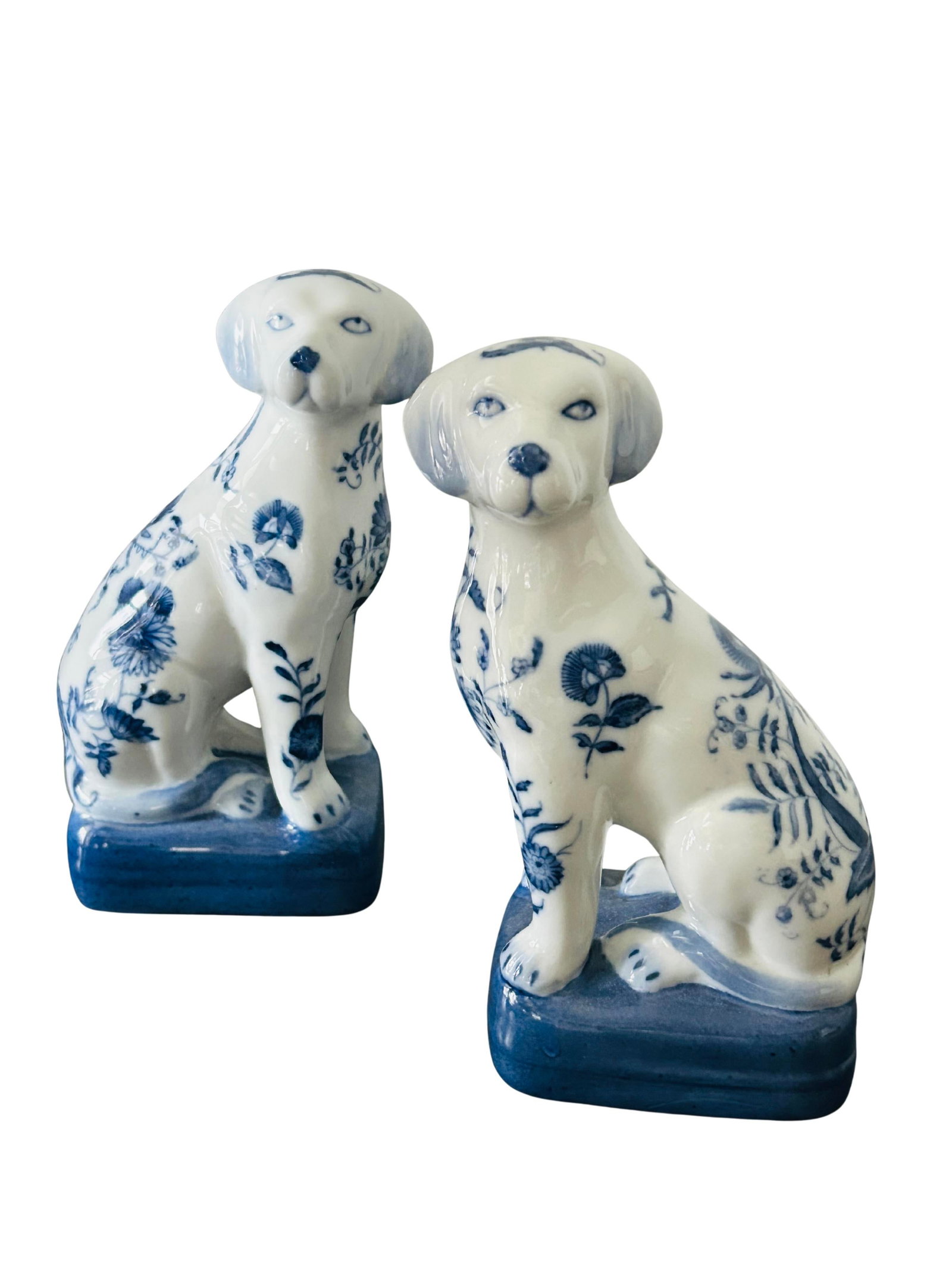 Pair Vintage Wong Lee Blue & White Porcelain Staffordshire Dog Figurines - Wl 1895 Hand-Painted Flor - 3