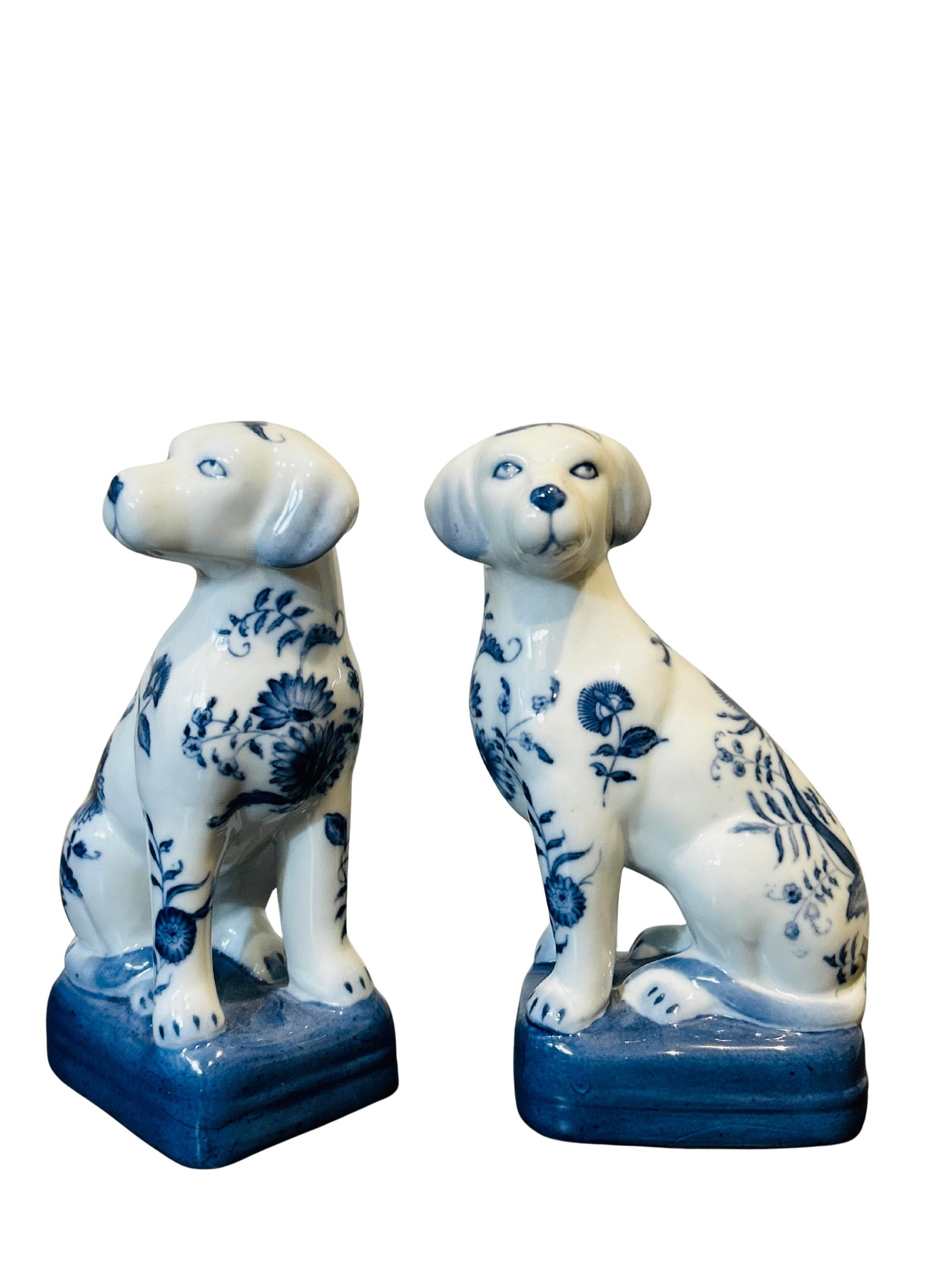 Pair Vintage Wong Lee Blue & White Porcelain Staffordshire Dog Figurines - Wl 1895 Hand-Painted Flor - 5