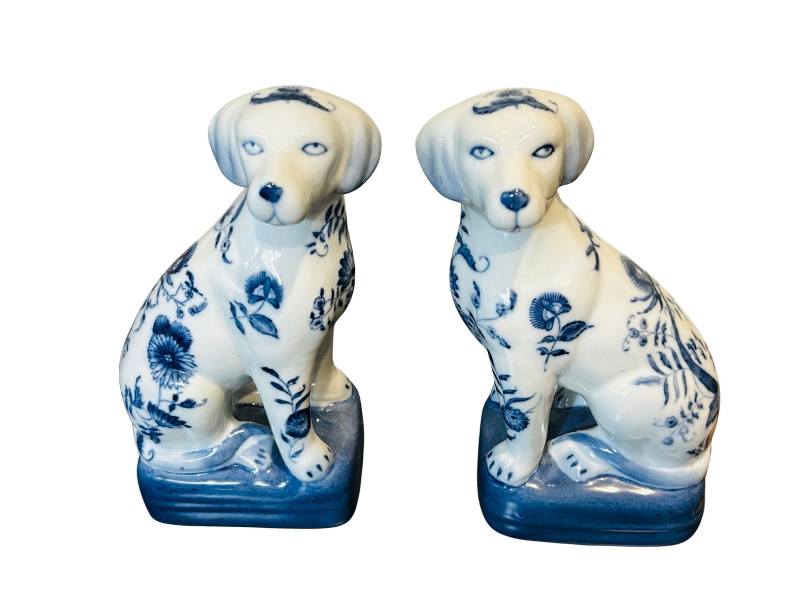Pair Vintage Wong Lee Blue & White Porcelain Staffordshire Dog Figurines - Wl 1895 Hand-Painted Flor - 6
