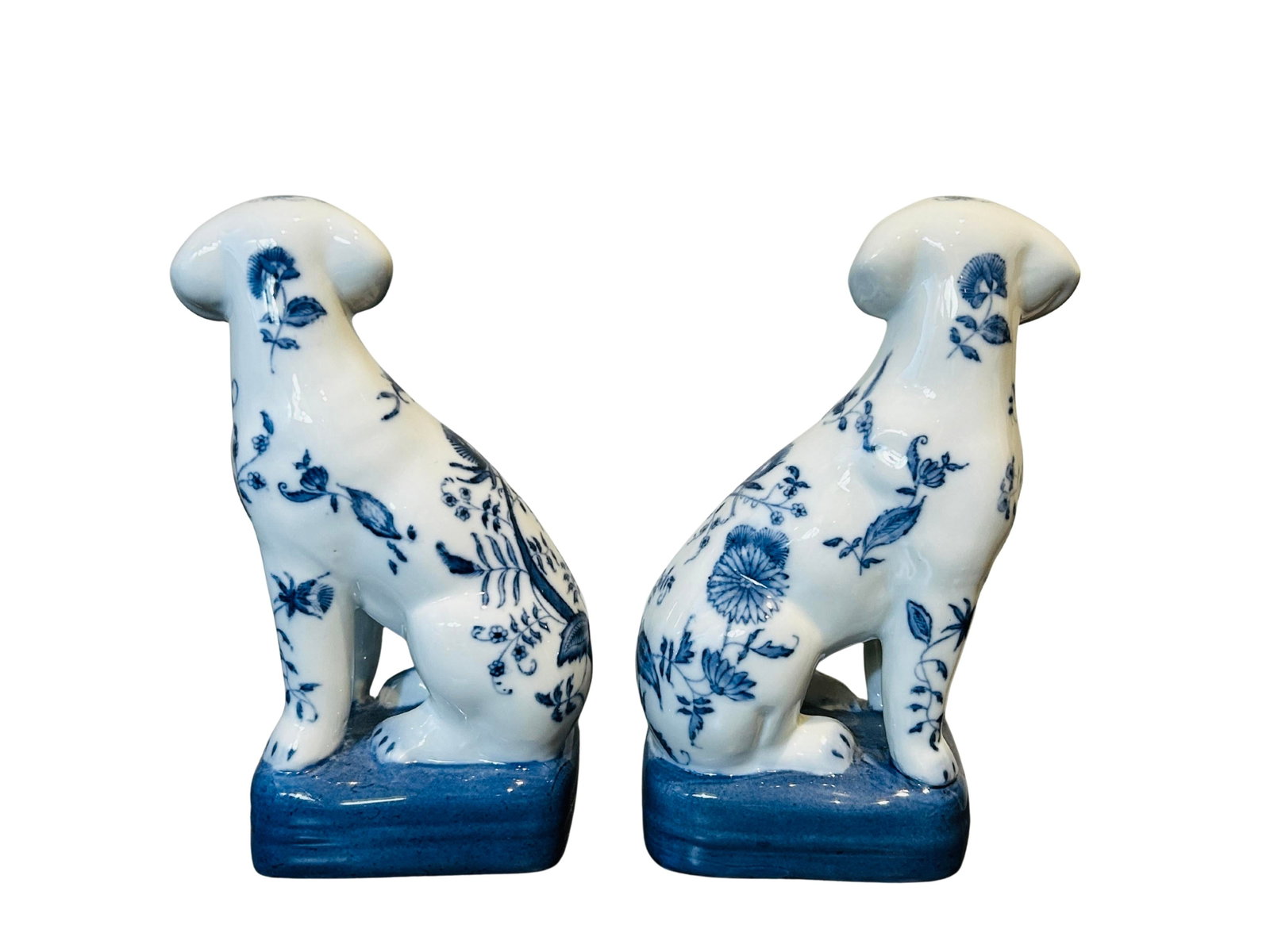 Pair Vintage Wong Lee Blue & White Porcelain Staffordshire Dog Figurines - Wl 1895 Hand-Painted Flor - 7
