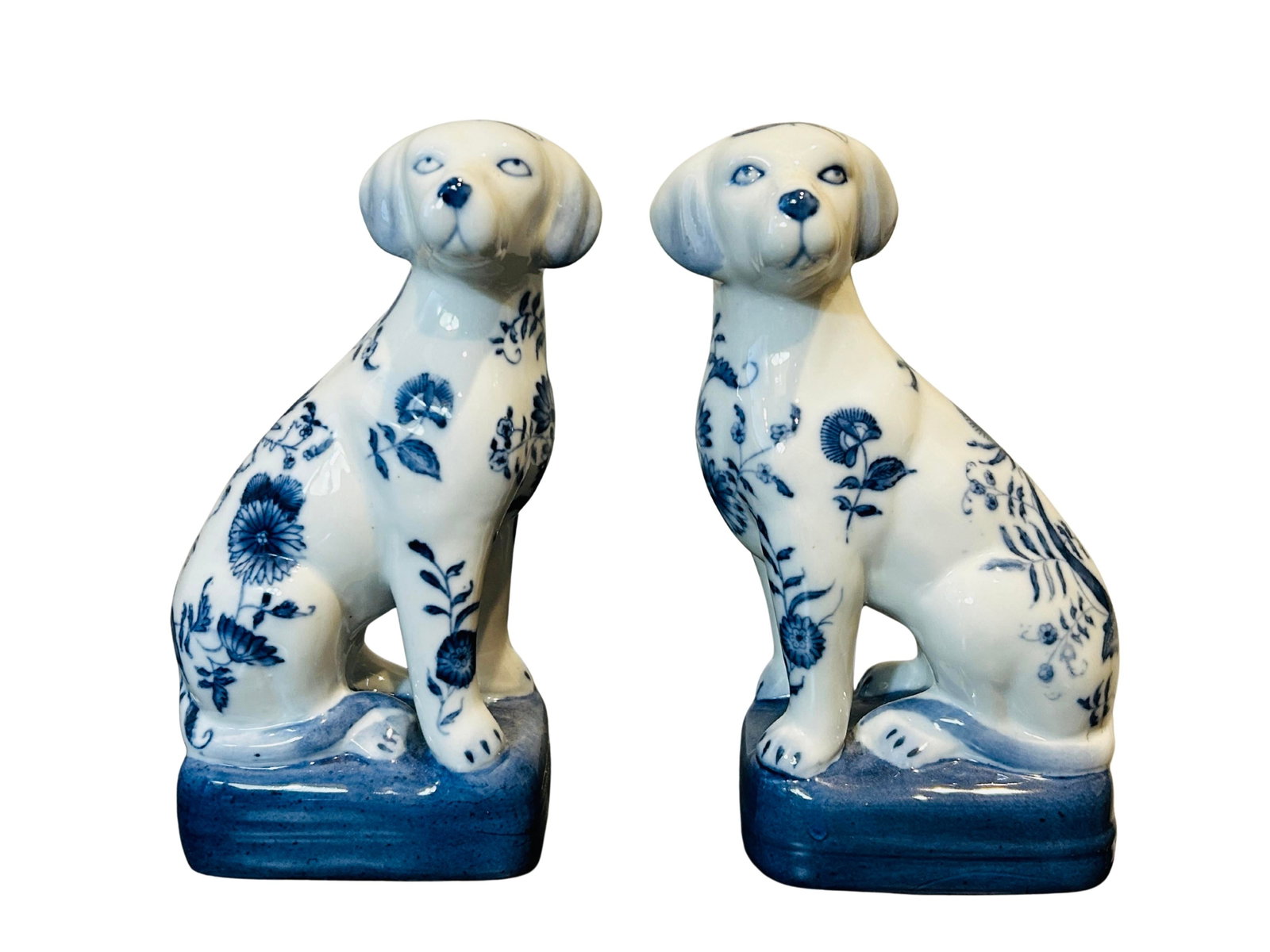 Pair Vintage Wong Lee Blue & White Porcelain Staffordshire Dog Figurines - Wl 1895 Hand-Painted Flor - 9