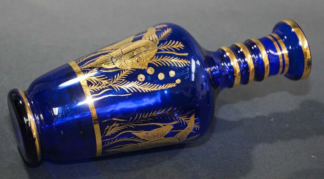 Cobalt Blue Enameled Glass Liquor Set Decanter and Glassesy - Set of 5 - 4