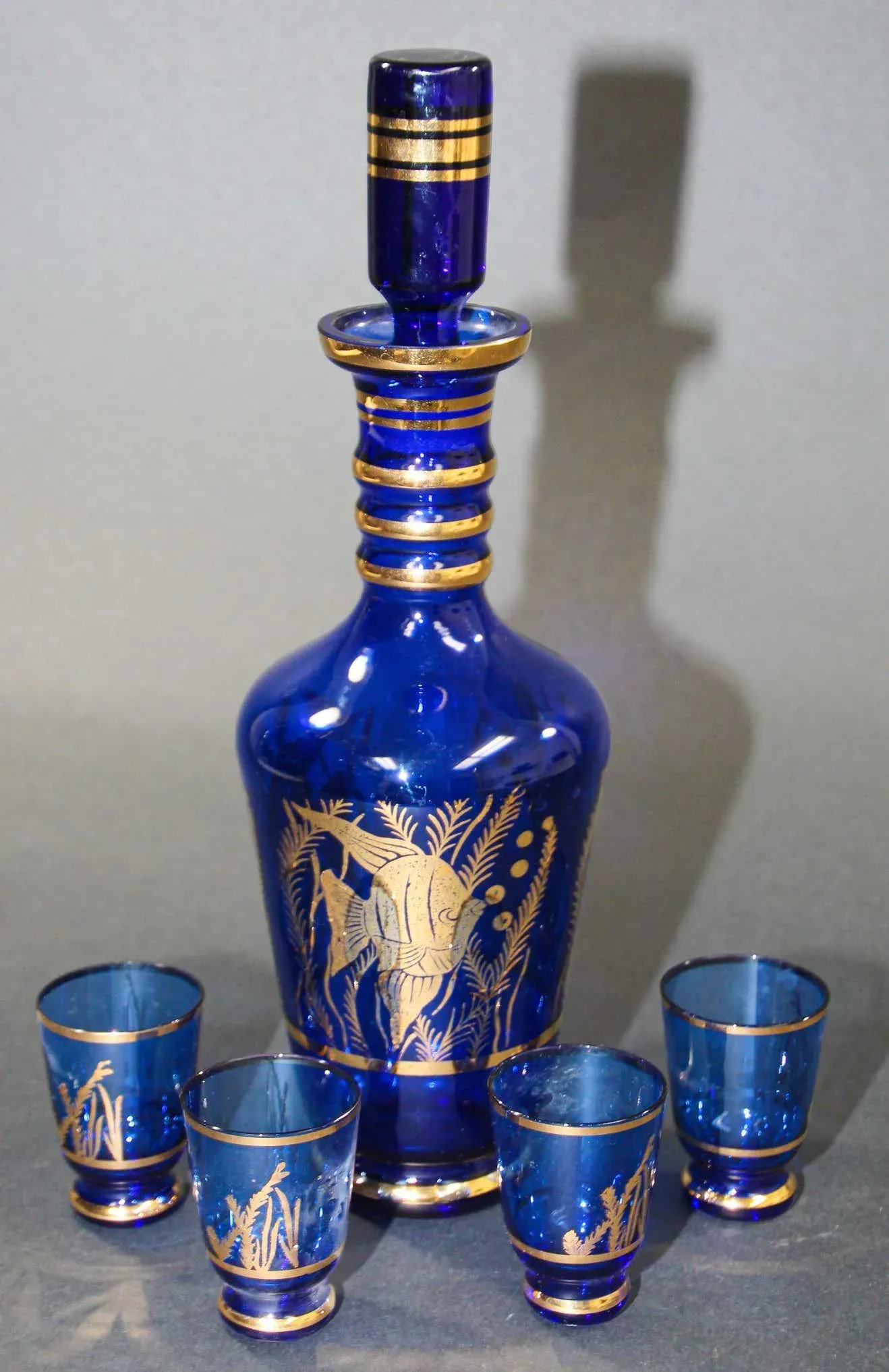 Cobalt Blue Enameled Glass Liquor Set Decanter and Glassesy - Set of 5 - 6