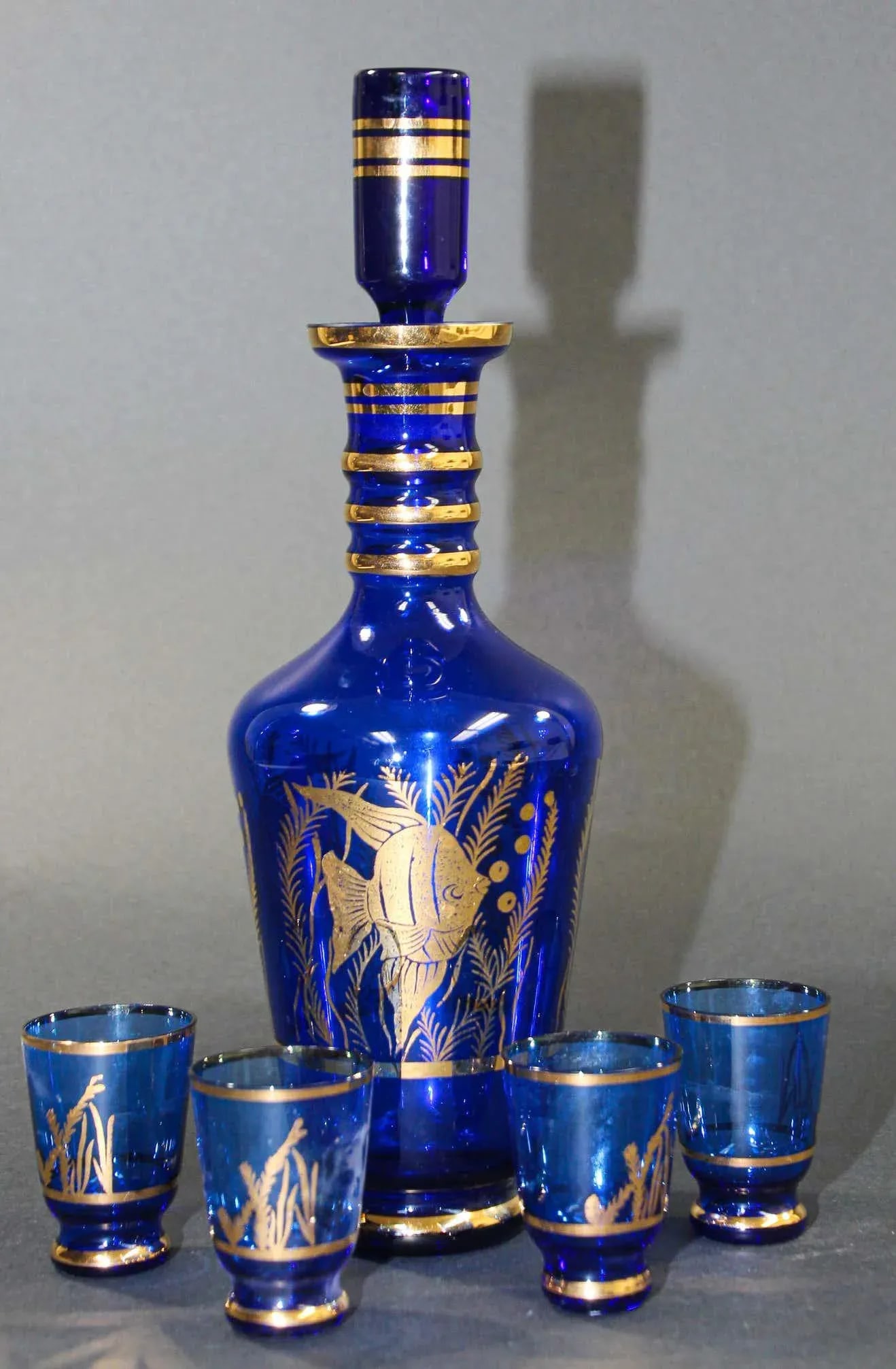 Cobalt Blue Enameled Glass Liquor Set Decanter and Glassesy - Set of 5 - 7