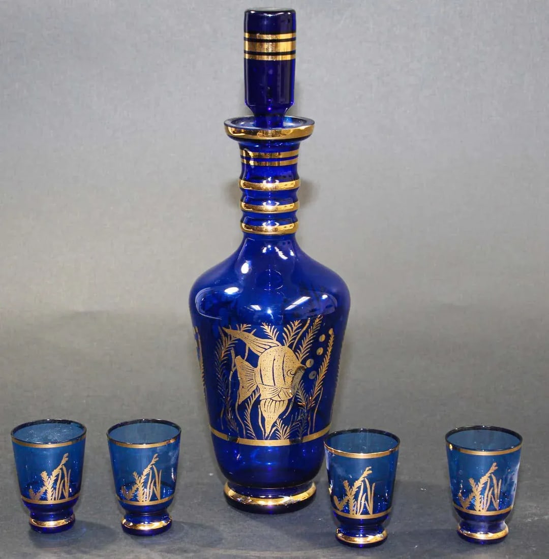 Cobalt Blue Enameled Glass Liquor Set Decanter and Glassesy - Set of 5 - 8