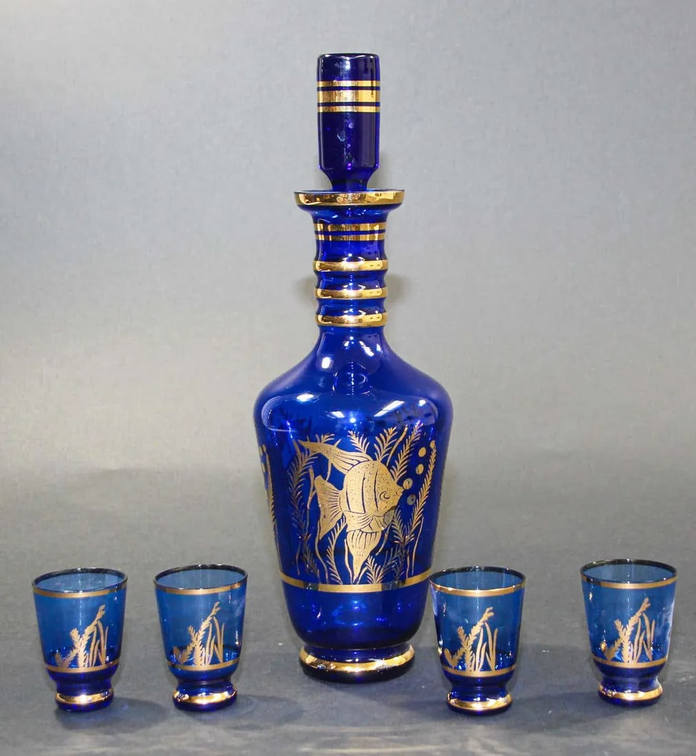 Cobalt Blue Enameled Glass Liquor Set Decanter and Glassesy - Set of 5 - 9