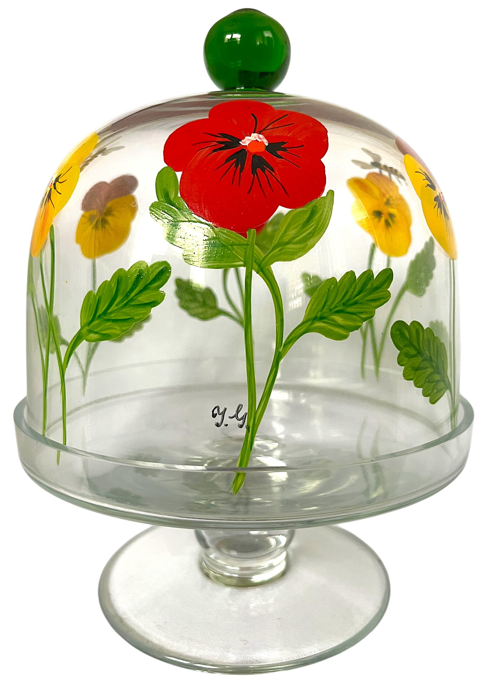 Signed and Hand-Painted Glass Cake or Dessert Stand With Cloche Lid Decorated With Flowers and Bees - 2