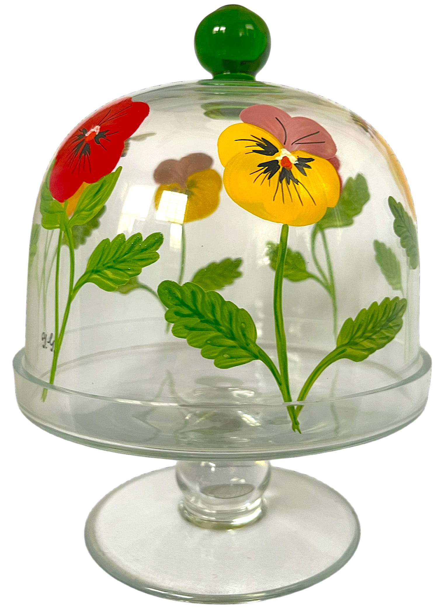 Signed and Hand-Painted Glass Cake or Dessert Stand With Cloche Lid Decorated With Flowers and Bees - 3