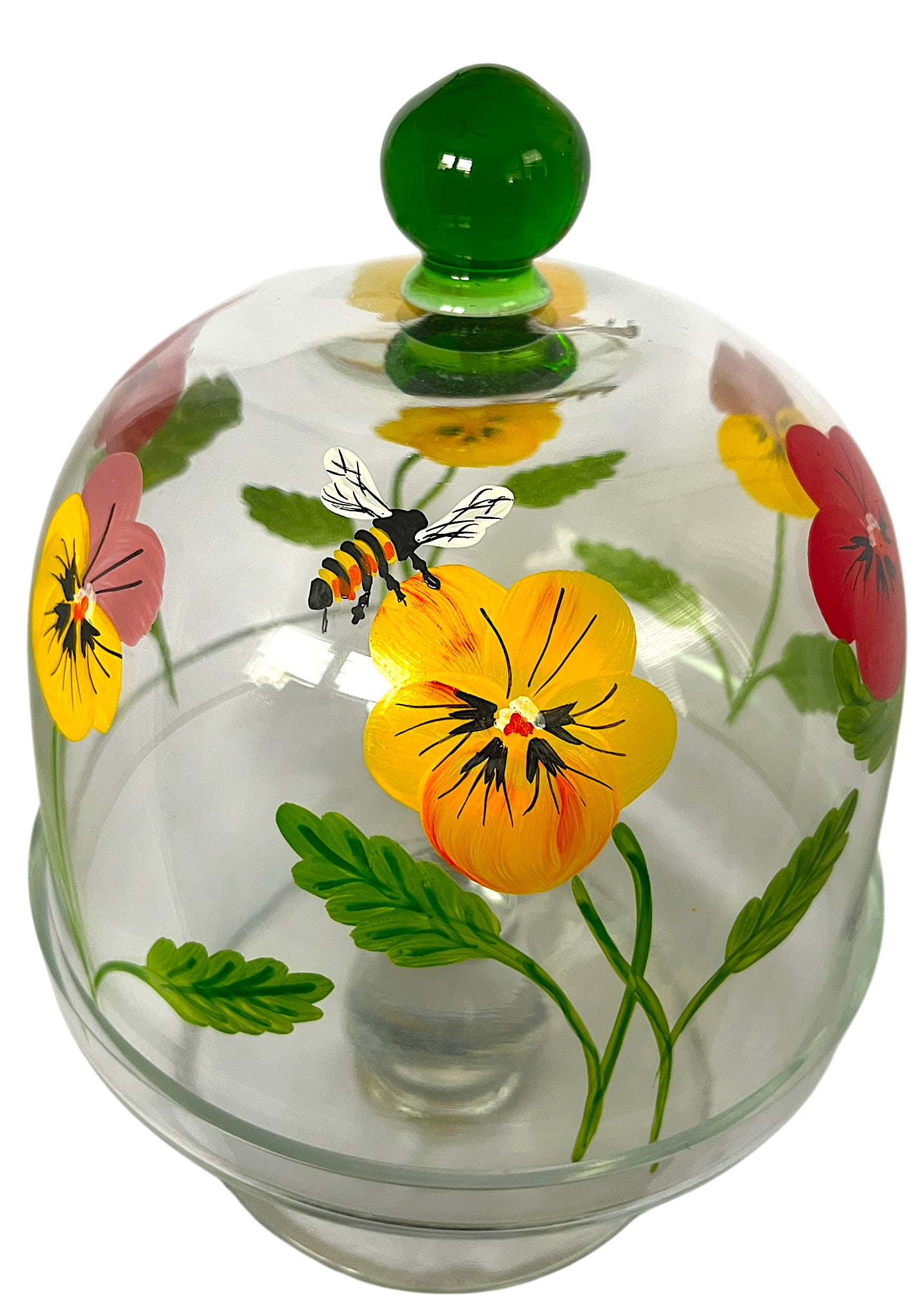 Signed and Hand-Painted Glass Cake or Dessert Stand With Cloche Lid Decorated With Flowers and Bees - 4