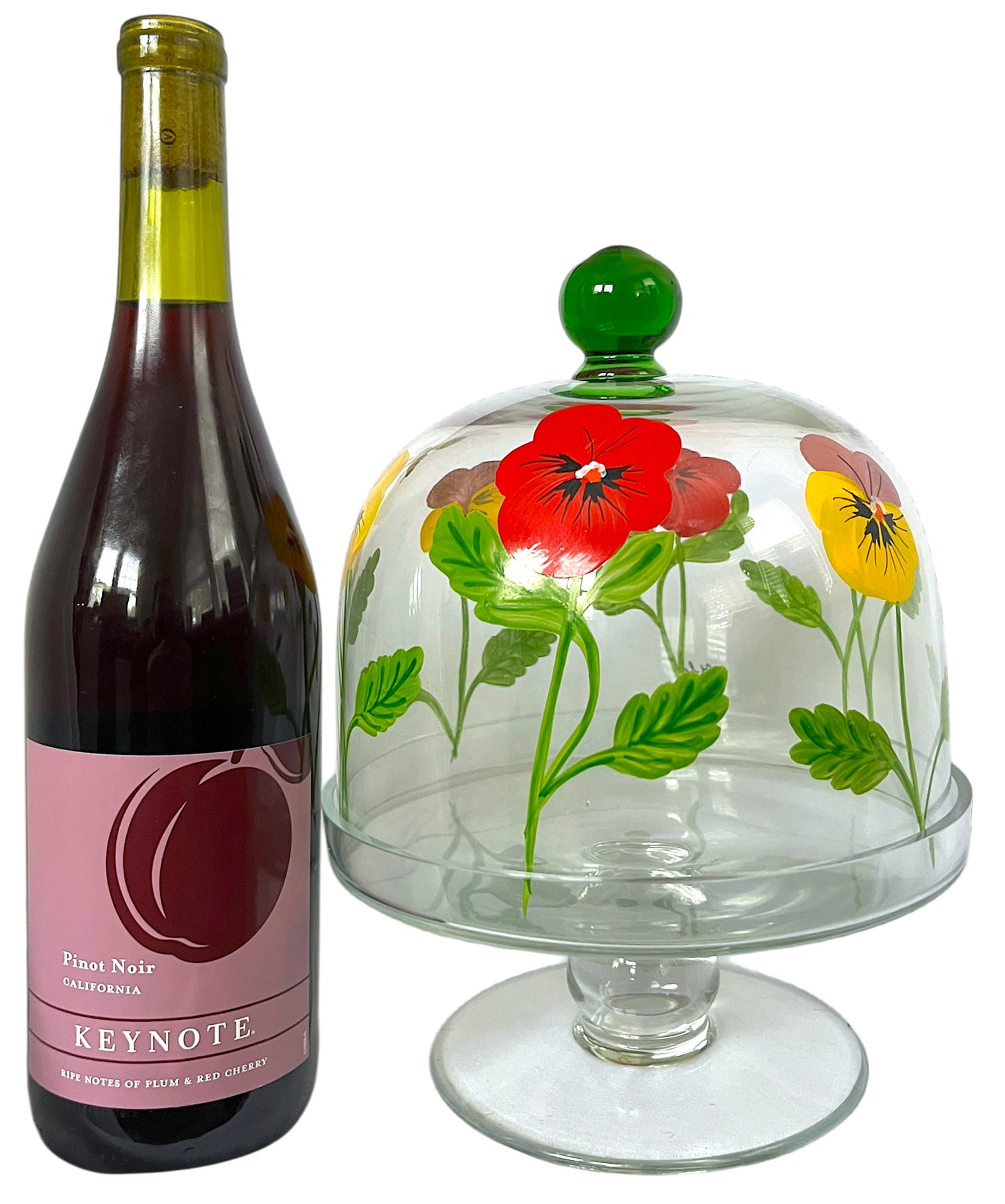 Signed and Hand-Painted Glass Cake or Dessert Stand With Cloche Lid Decorated With Flowers and Bees - 5
