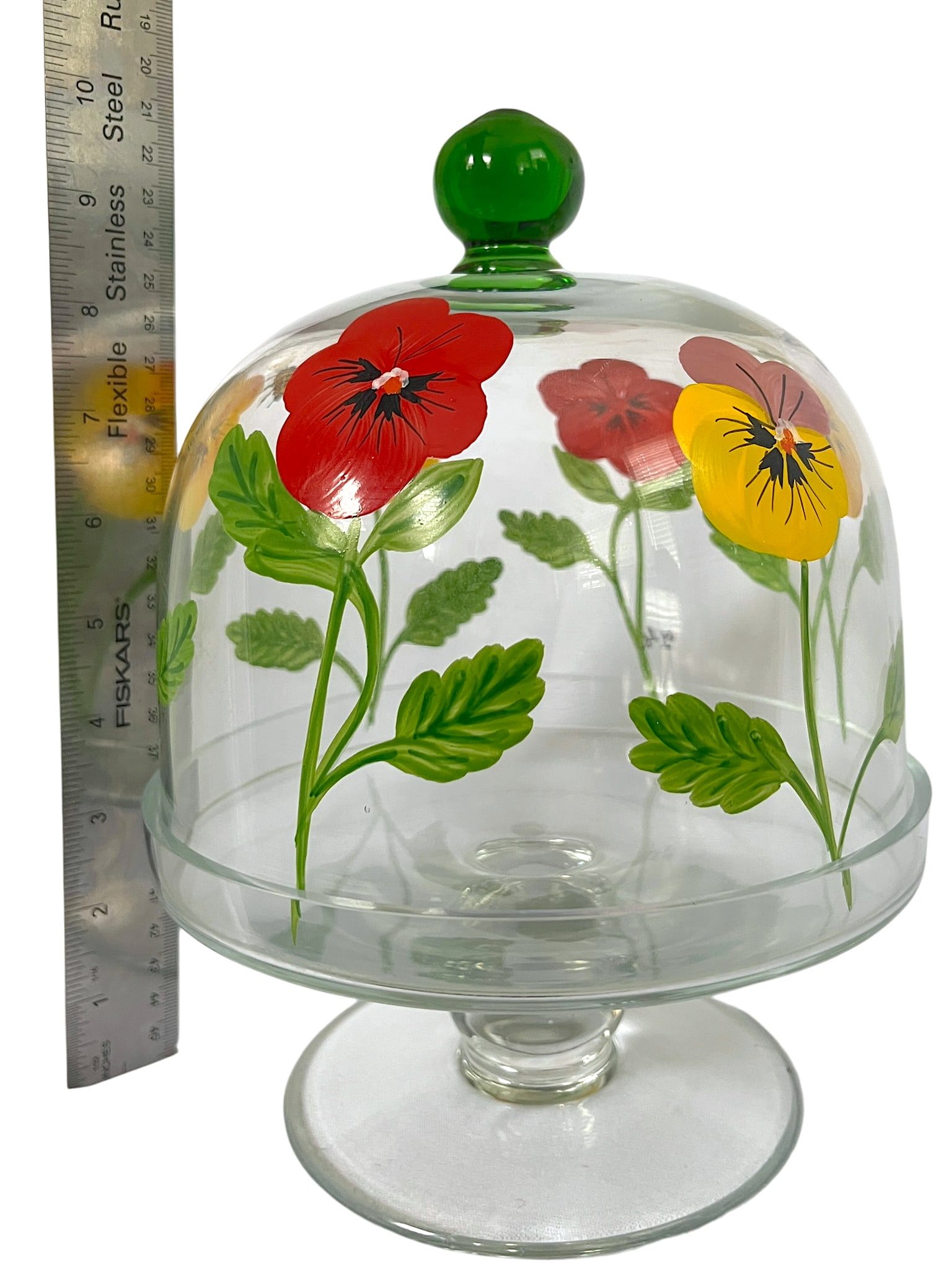Signed and Hand-Painted Glass Cake or Dessert Stand With Cloche Lid Decorated With Flowers and Bees - 7
