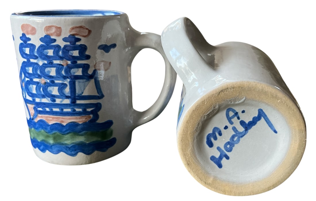 Vintage Mary Alice Hadley "Low Tide" Hand-Painted Folk Art Stoneware Mugs - a Pair - 2