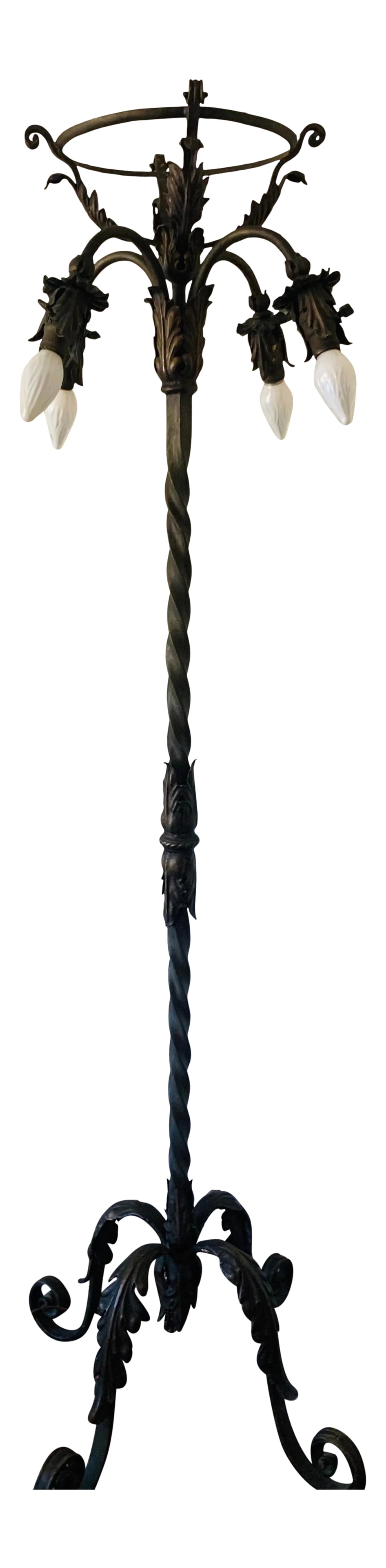 Spanish Wrought Iron Floor Lamp: 1920s Spanish revival wrought iron floor torcheres. Hand forged, sculptural, retaining the original distressed green painted finish, gold gilt , elaborate scrolling and foliate designs, intricately in