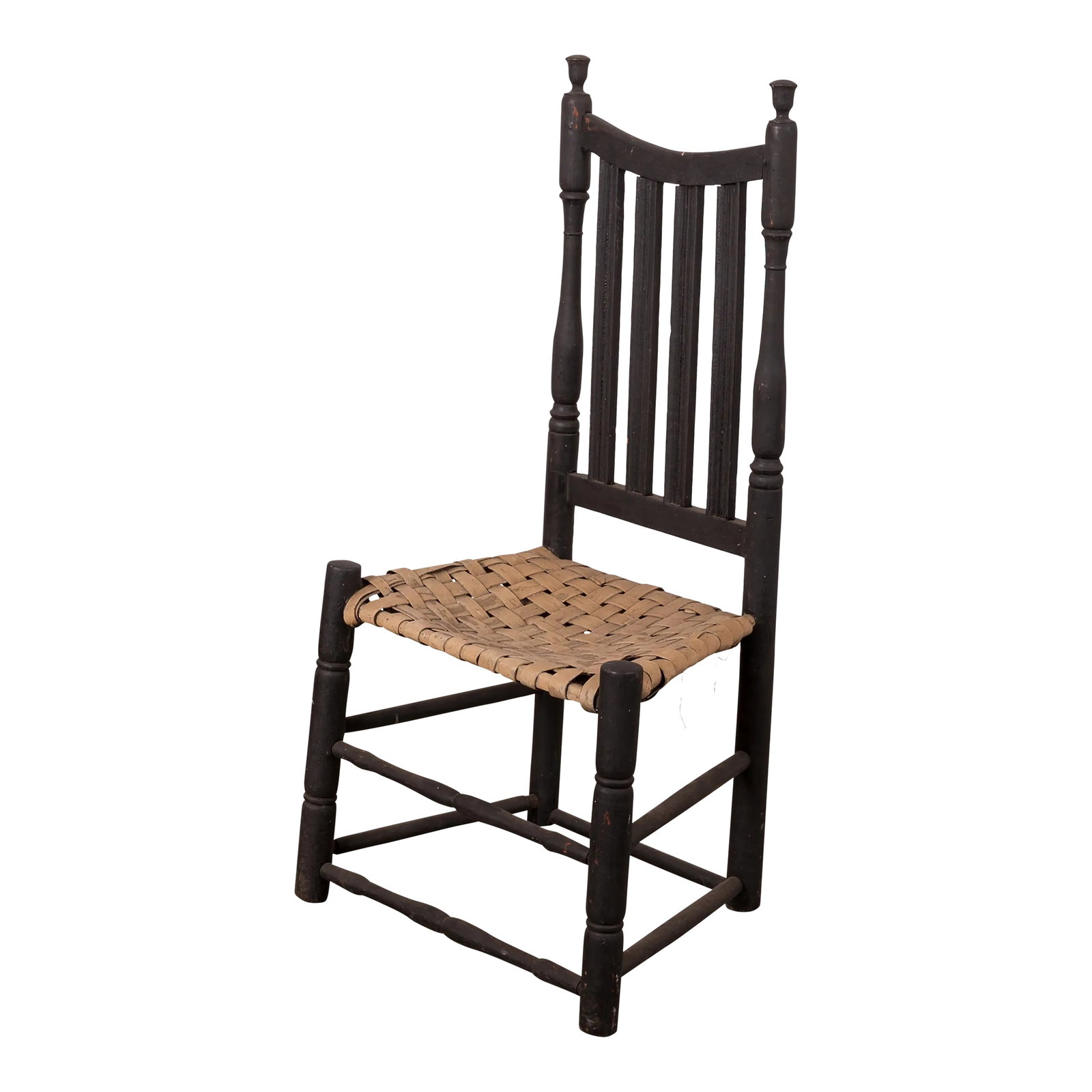 Yoke Banister Back Chair, Connecticut, 18th Century: An 18th century Connecticut yoke banister back side chair with split oak seat. Old black paint and tan painted seat. 19 inches wide by 15 inches deep by 37 3/4 inches tall; seat height 15 inches Condi