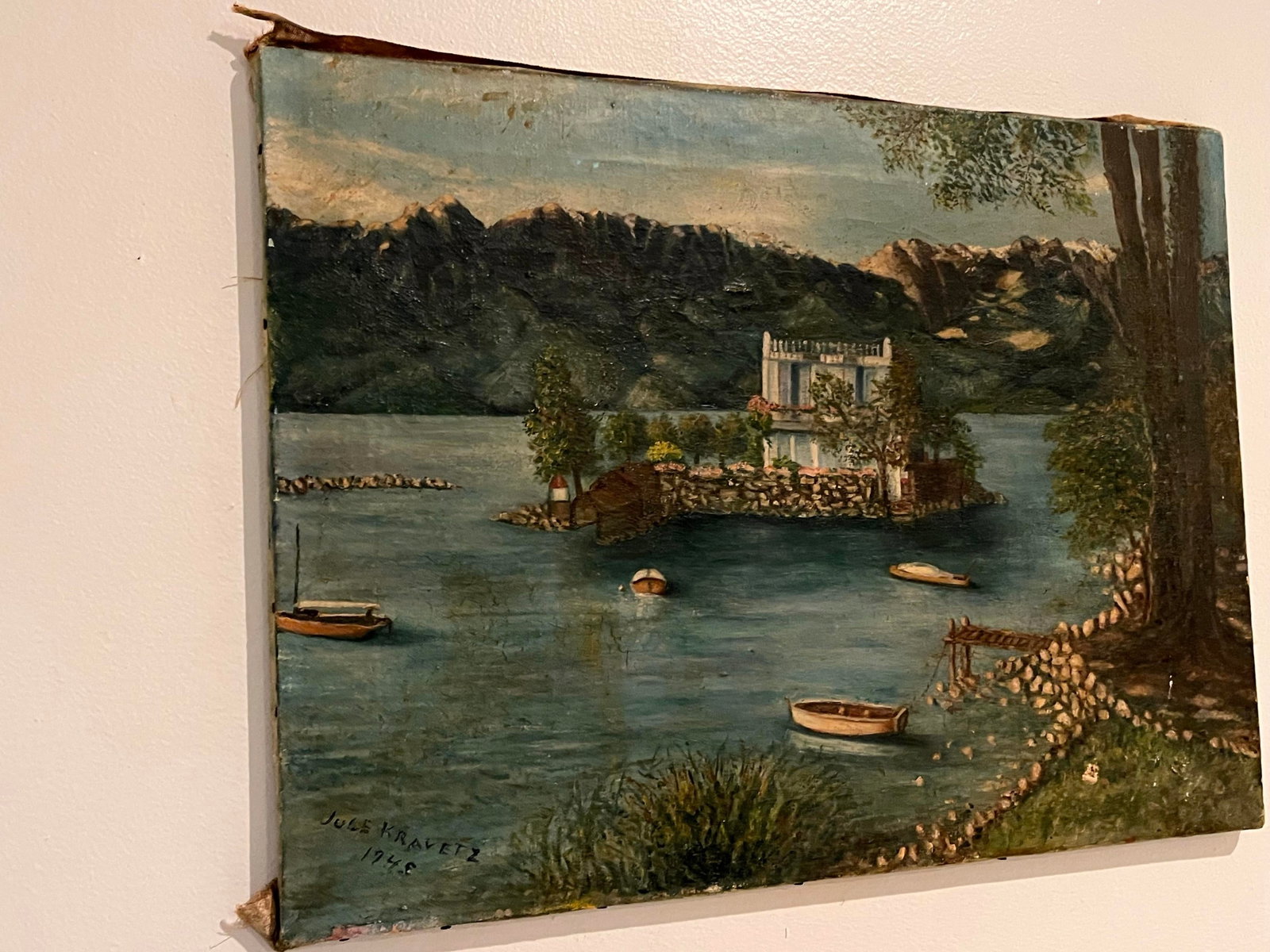 Signed 1948 European Naive Folk Art Mountain Lake & Island Villa Oil on Canvas - 2