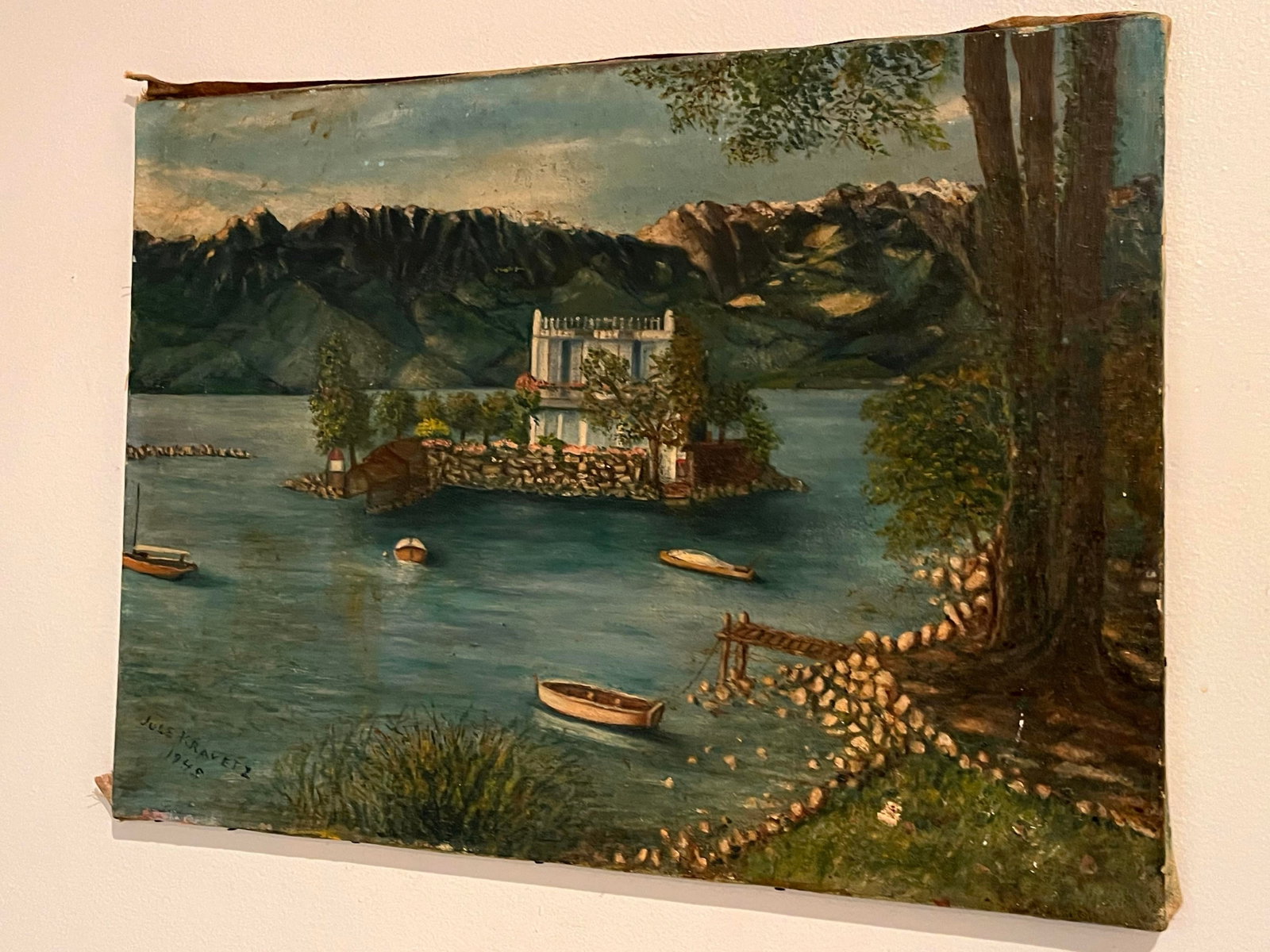 Signed 1948 European Naive Folk Art Mountain Lake & Island Villa Oil on Canvas - 3