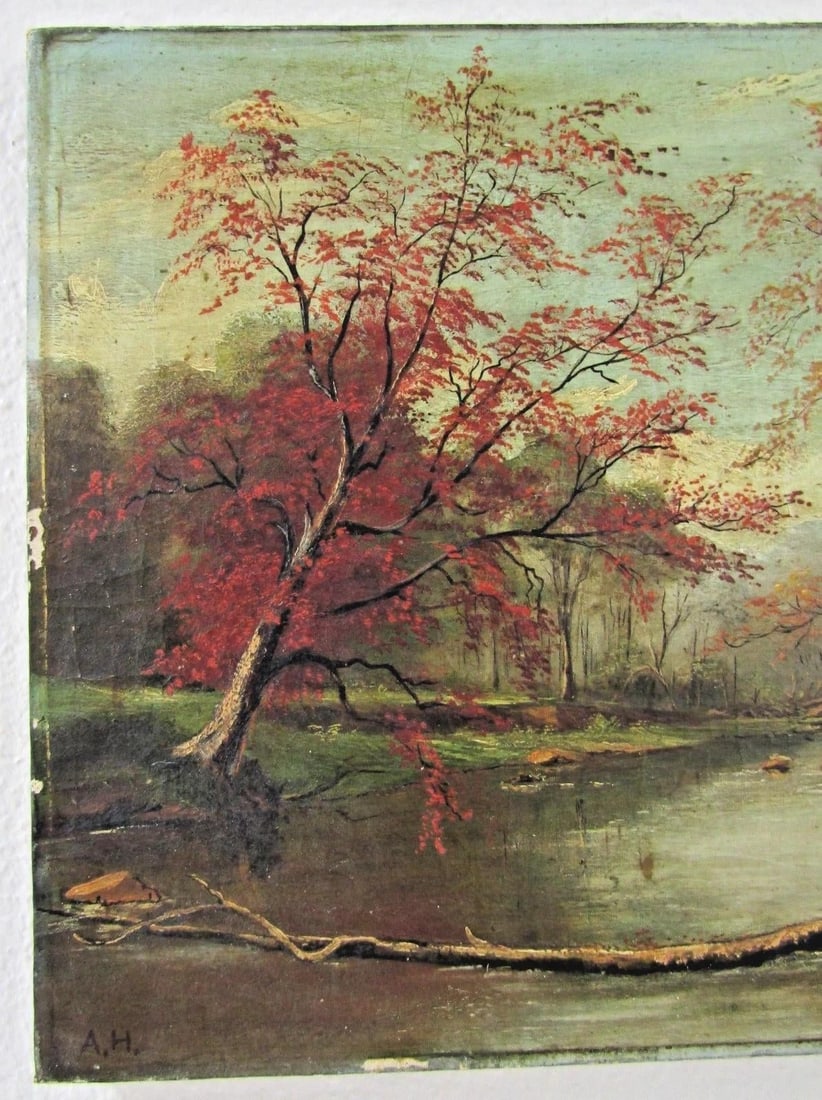 19th Century Antique Hudson River School Signed Autumn Scene Oil Painting - 2