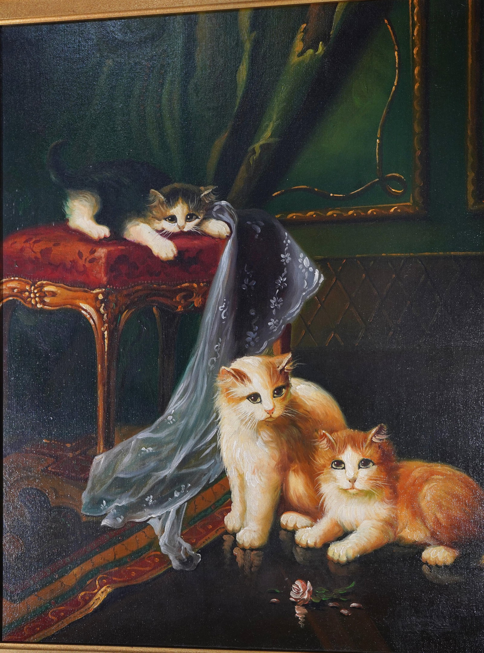 Framed Oil on Canvas Painting of Cats - 4