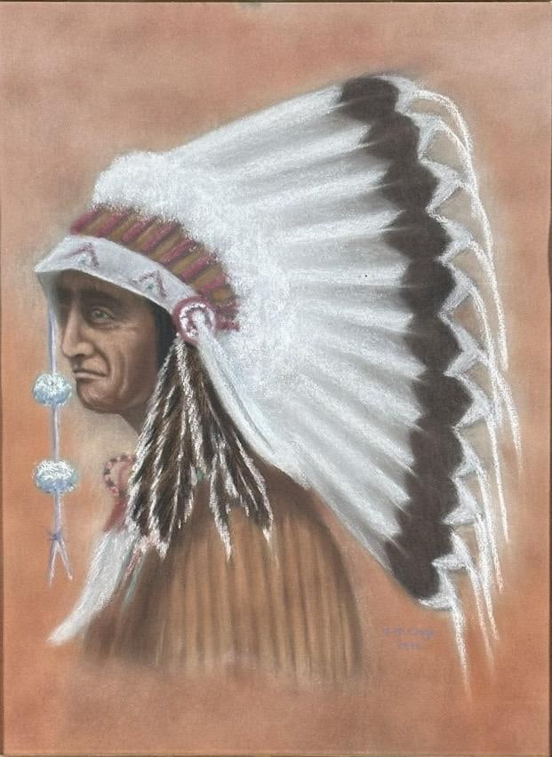 Original Vintage 1978 Western Fine Art Native American Indian Chief Red Cloud Framed Pastel Portrait - 2