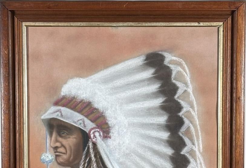 Original Vintage 1978 Western Fine Art Native American Indian Chief Red Cloud Framed Pastel Portrait - 3