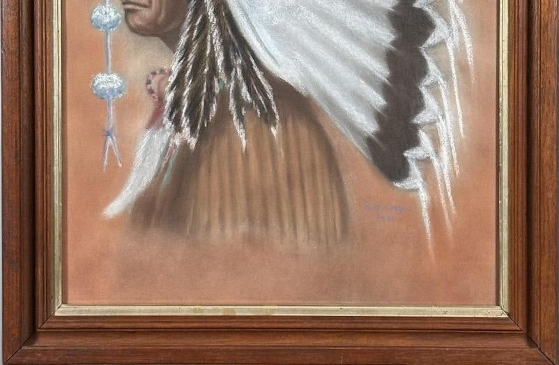 Original Vintage 1978 Western Fine Art Native American Indian Chief Red Cloud Framed Pastel Portrait - 4