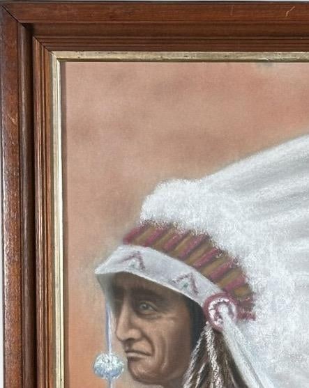 Original Vintage 1978 Western Fine Art Native American Indian Chief Red Cloud Framed Pastel Portrait - 5