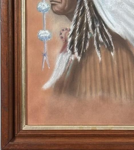 Original Vintage 1978 Western Fine Art Native American Indian Chief Red Cloud Framed Pastel Portrait - 7
