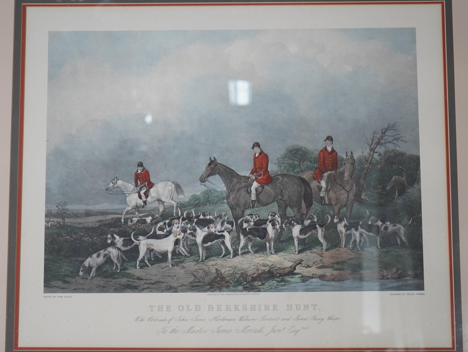 Vintage Framed Engraving Print of Horses & Dogs Hunt Scene - 3